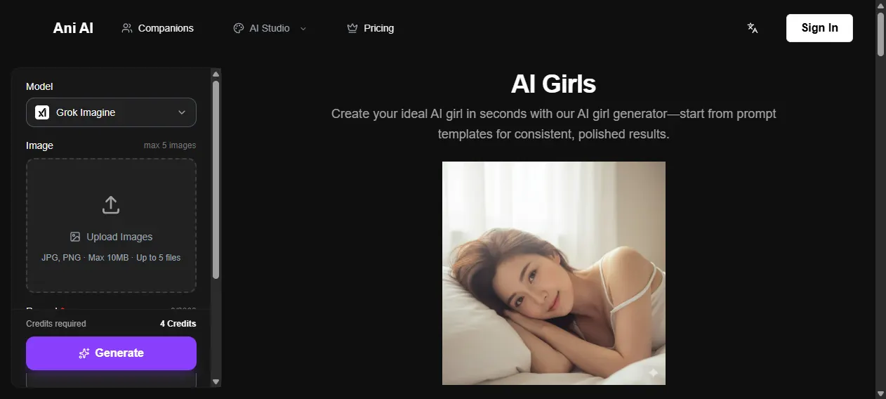 AniAI.net AI Girls generator with Grok Imagine selector, upload area, credit cost, and Generate button