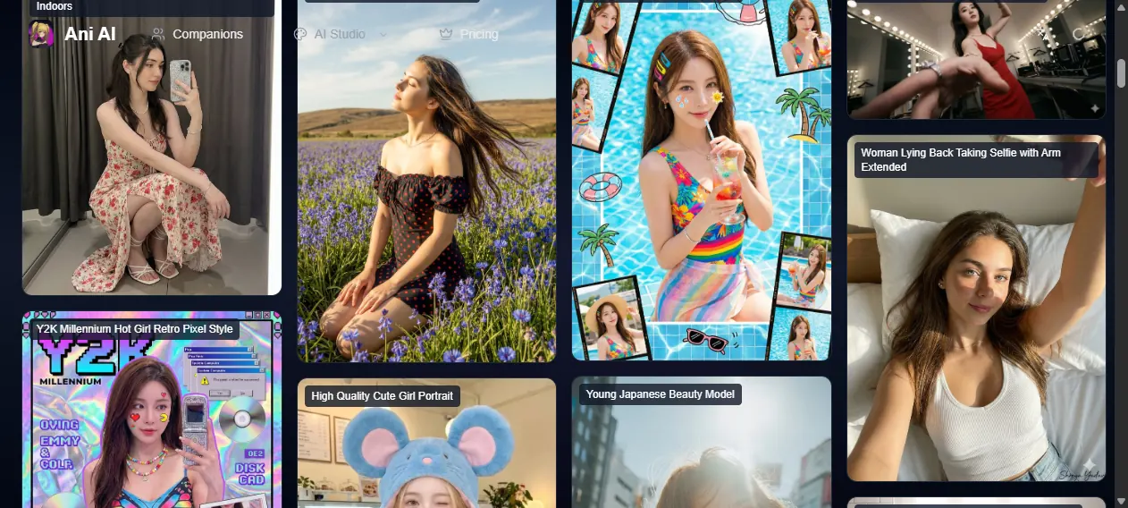 AniAI.net public image prompt gallery with labelled portraits and lifestyle scenes